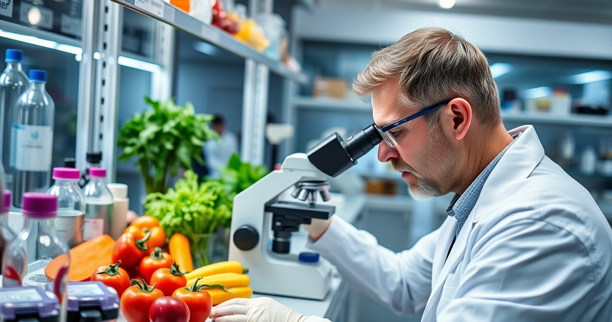 Tutkija tarkastelee antioksidanttipitoisia hedelmiä ja vihanneksia laboratoriossa