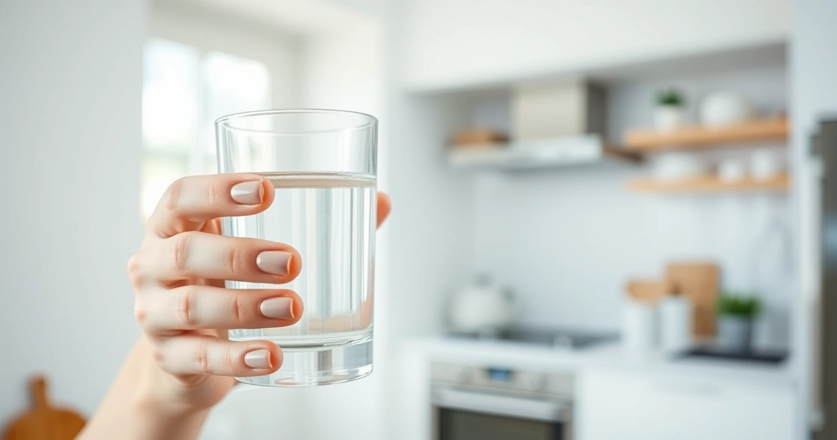 Henkilö pitää kädessään vesilasia ja yhtä ravintolisäkapselia keittiössä