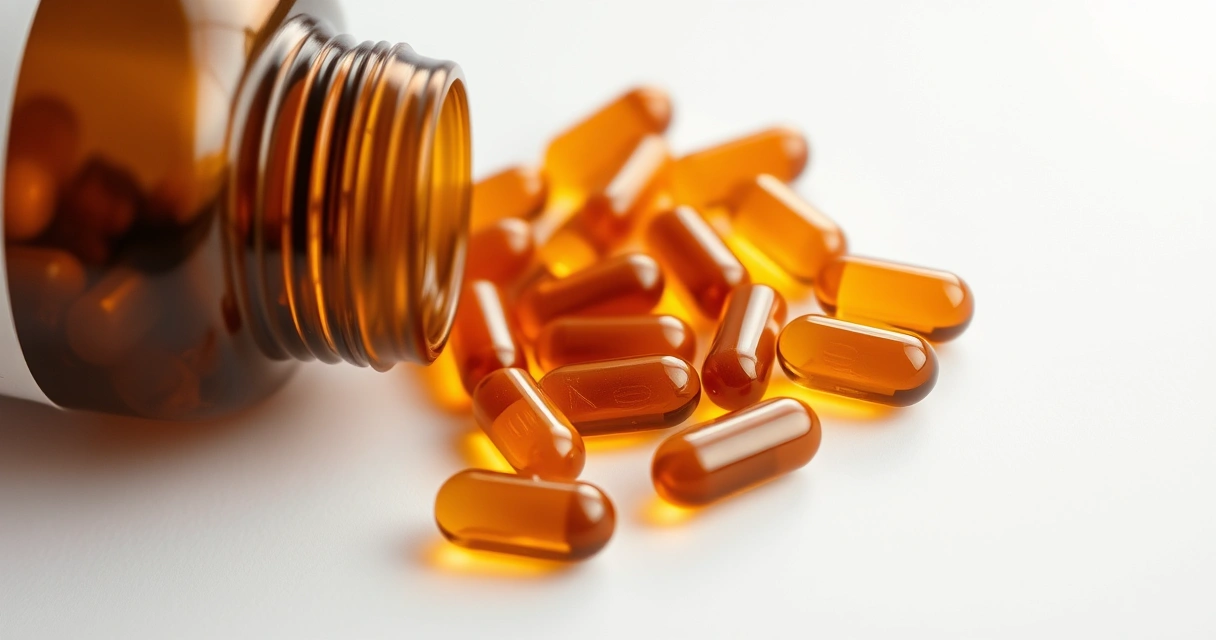 Koentsyymi Q10 -geelikapseleita valuu ruskeasta lisäravinnepurkista vaalealla pinnalla