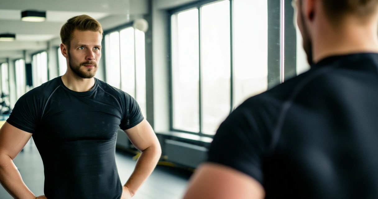 Mies katsoo peilikuvaansa kuntosalilla kehonkuvan ja itsetunnon teema