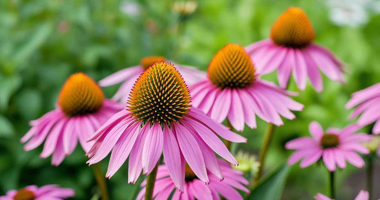 Tuorekasvatettua punahattua (Echinacea purpurea) luonnonmukaisella yrttipellolla