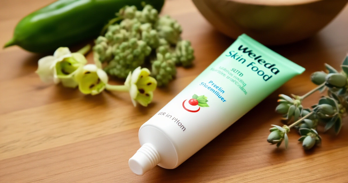 Weleda Skin Food -voide ja luonnonkasveja puupinnalla