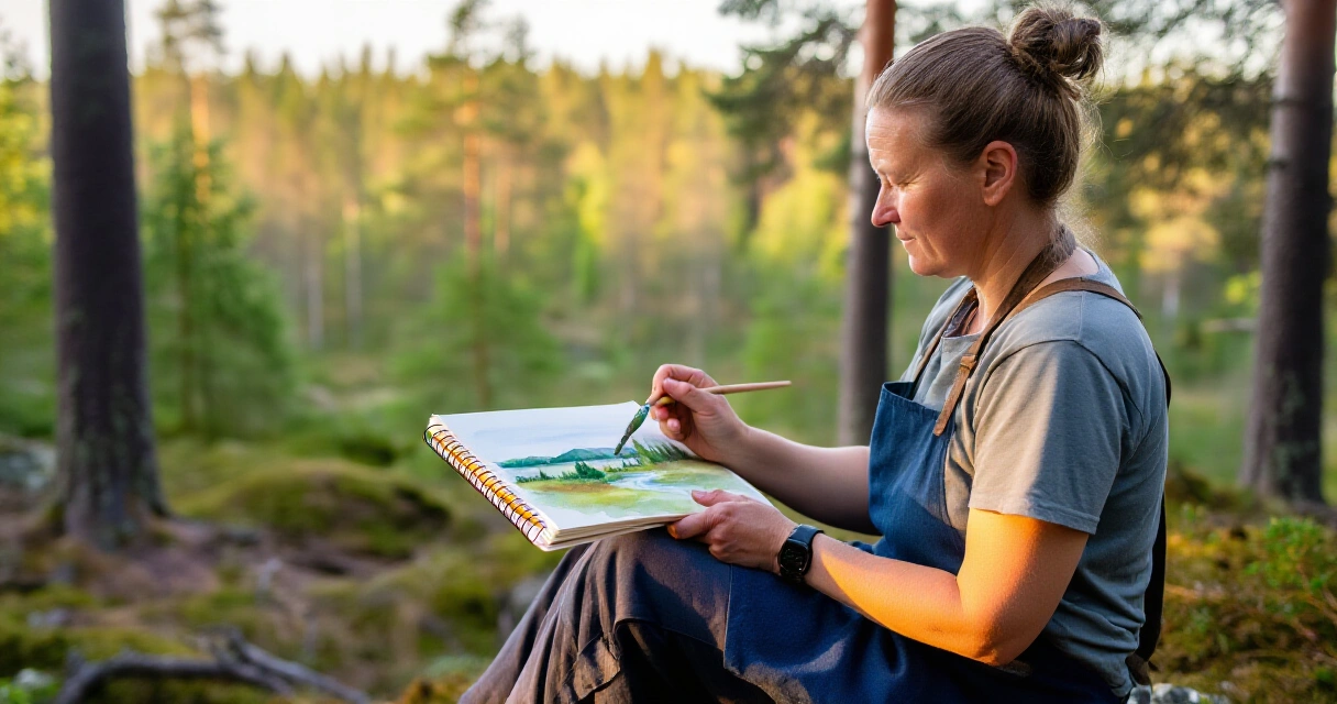 Aikuinen nainen maalaa akvarellilla ulkona suomalaisessa metsässä pätkäharrastuksena