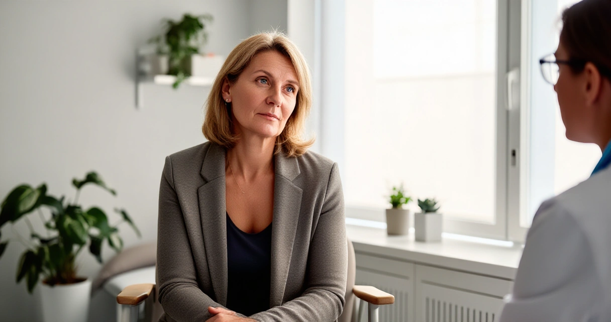 Nainen lääkärin vastaanotolla hormonikorvaushoitokonsultaatiossa