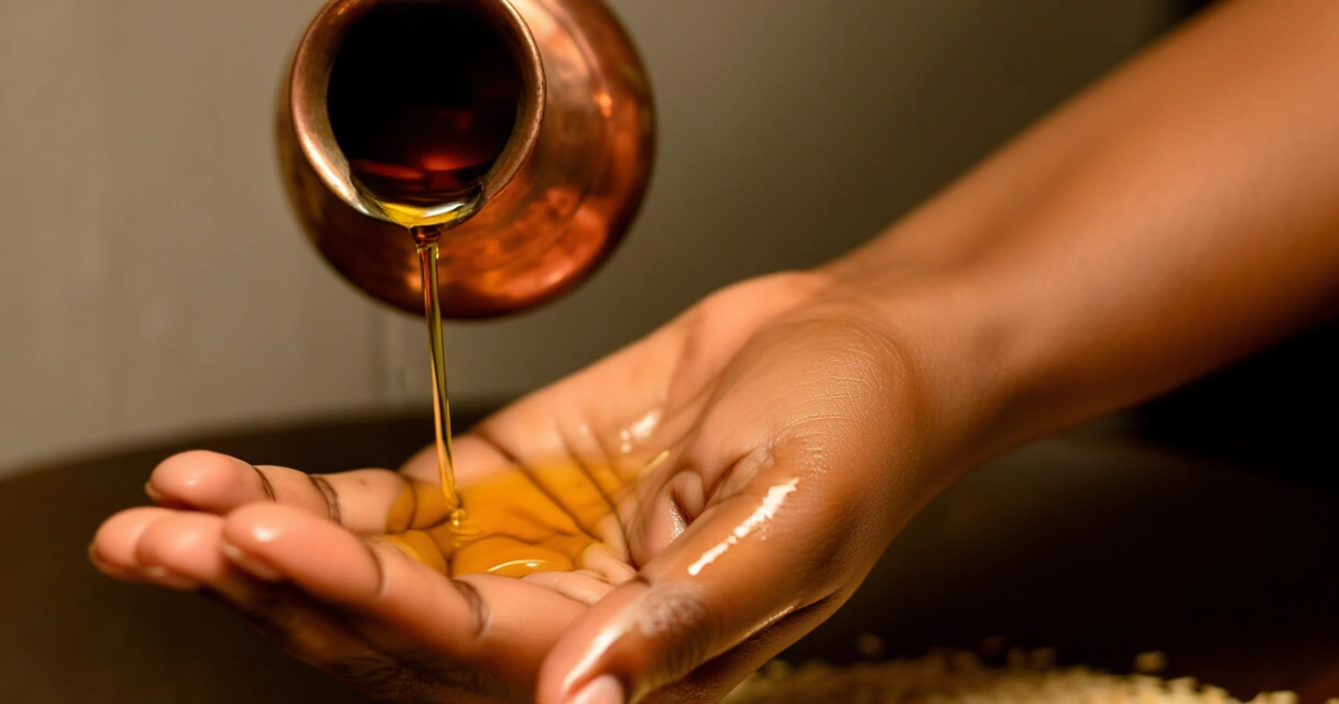 Lämmin seesamiöljy valutetaan kupariastiasta käteen ayurvedista itsehierontaa varten