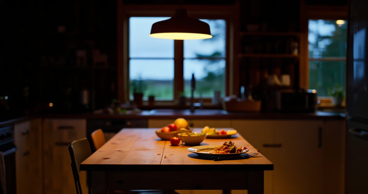 Kesäinen suomalainen keittiö iltavalossa, myöhäinen päivällinen pöydällä