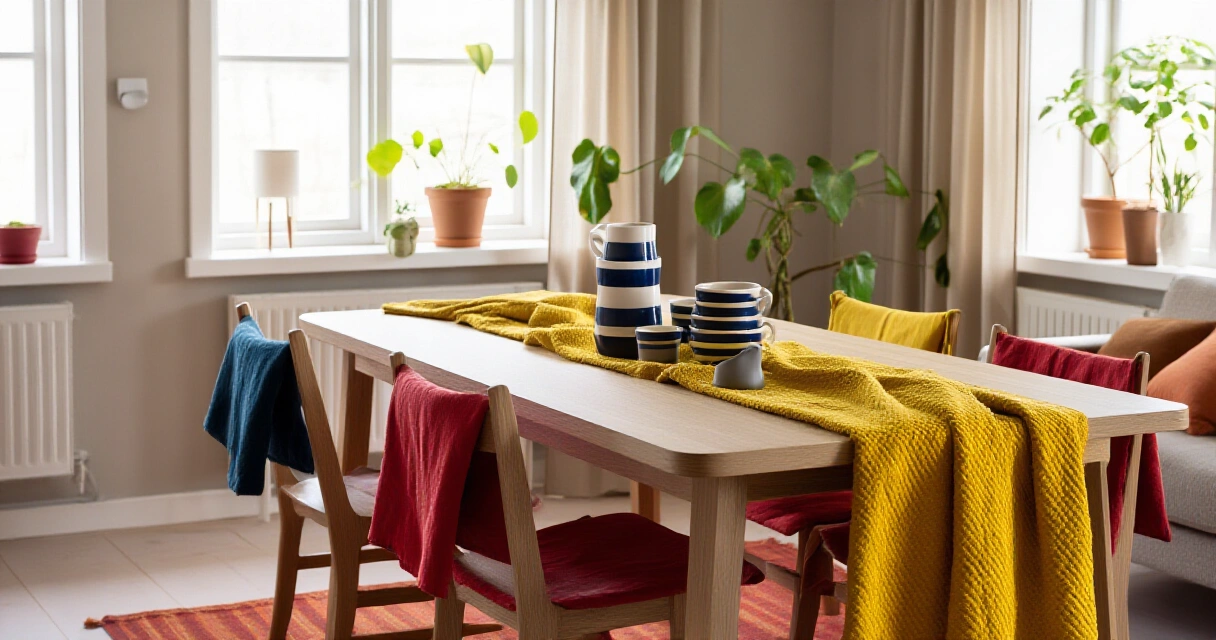 Pohjoismainen kodin sisustus lämpimällä luonnonvalolla ja muotoilutuotteilla