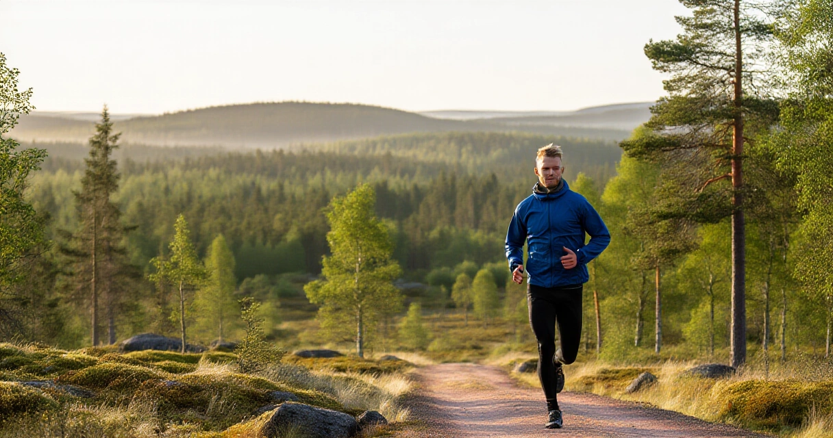 Suomalainen mies juoksee metsässä aamun valossa