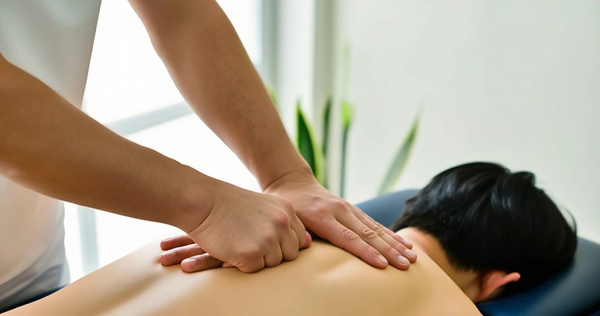 Osteopaatti tekee manuaalista hoitoa potilaan selälle valoisan hoitohuoneen