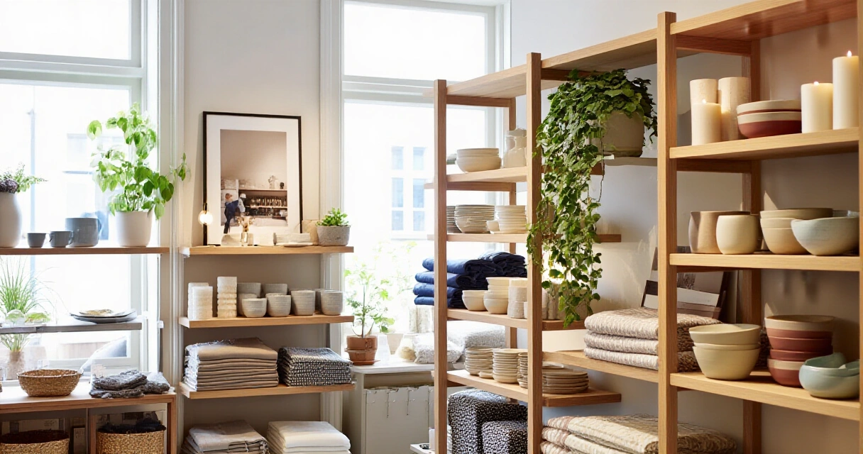Pohjoismainen lifestyle store -sisätila puuhyllyineen, keramiikkoineen ja kasveineen