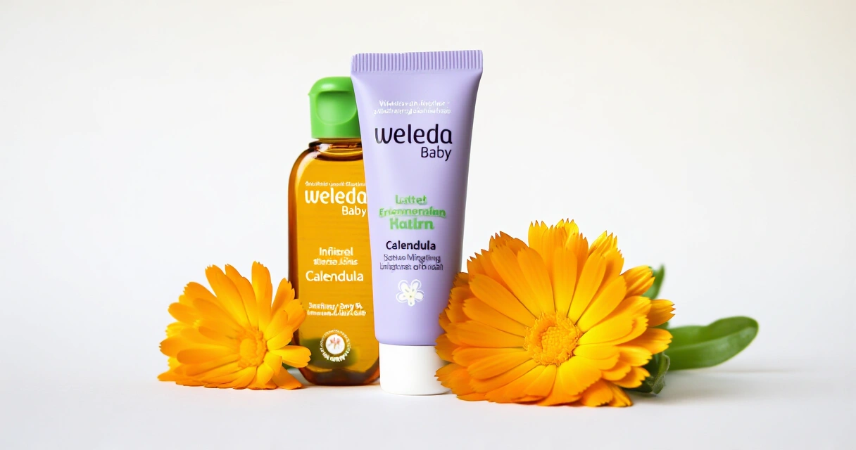 Weleda Baby Calendula -tuotteet ja kehäkukan kukkia