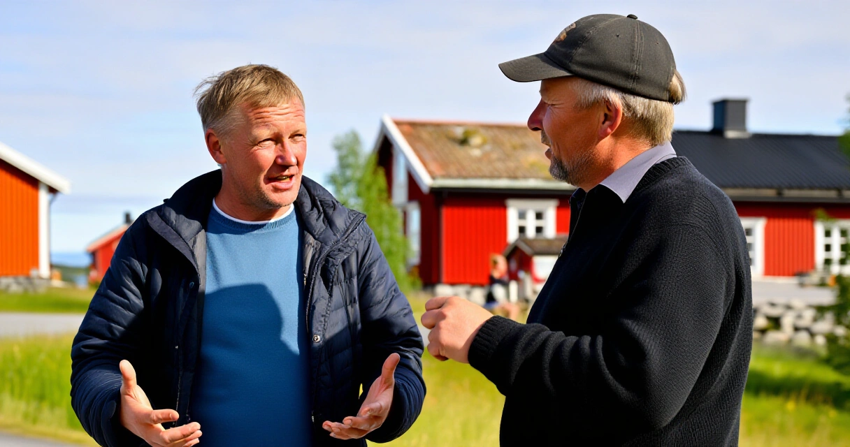 Kaksi miestä juttelee avoimesti ulkona pohjoismaisessa maisemassa, kuvastaa avointa mielenterveyspuhetta