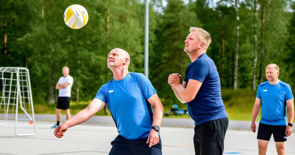 Suomalaismiehiä pelaamassa lentopalloa ulkona kesällä, yhteisöllisyys