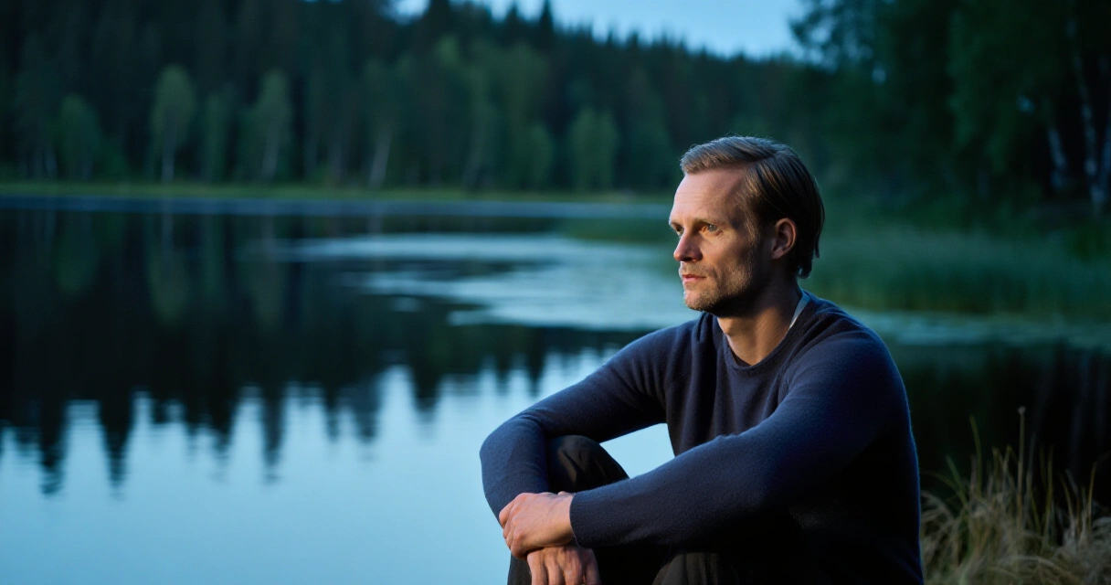 Mies istuu järven rannalla yksin hämärässä, kuvastaen miesten mielenterveyshaasteita