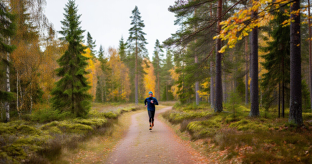 Juoksija suomalaisessa metsässä syksyllä painonhallintaharjoittelua