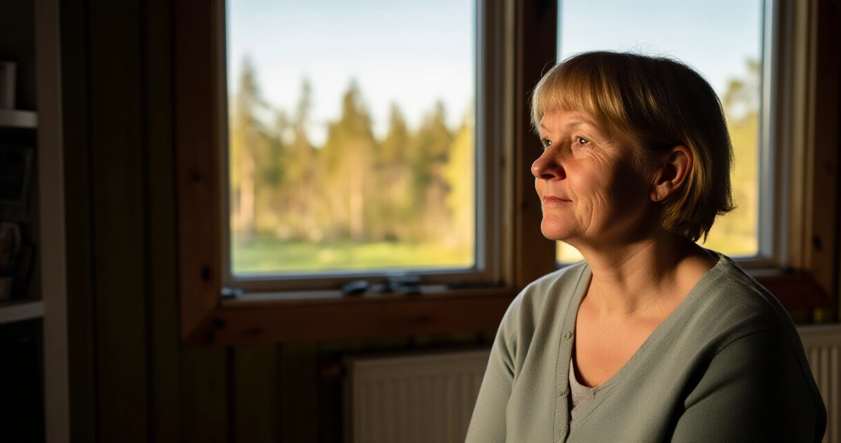 Keski-ikäinen nainen istuu ikkunan ääressä pohdiskelevana, luontomaisemat taustalla