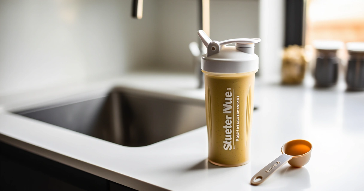 Huel-ateriankorvikejauhe ravistelijapullossa keittiön työtasolla