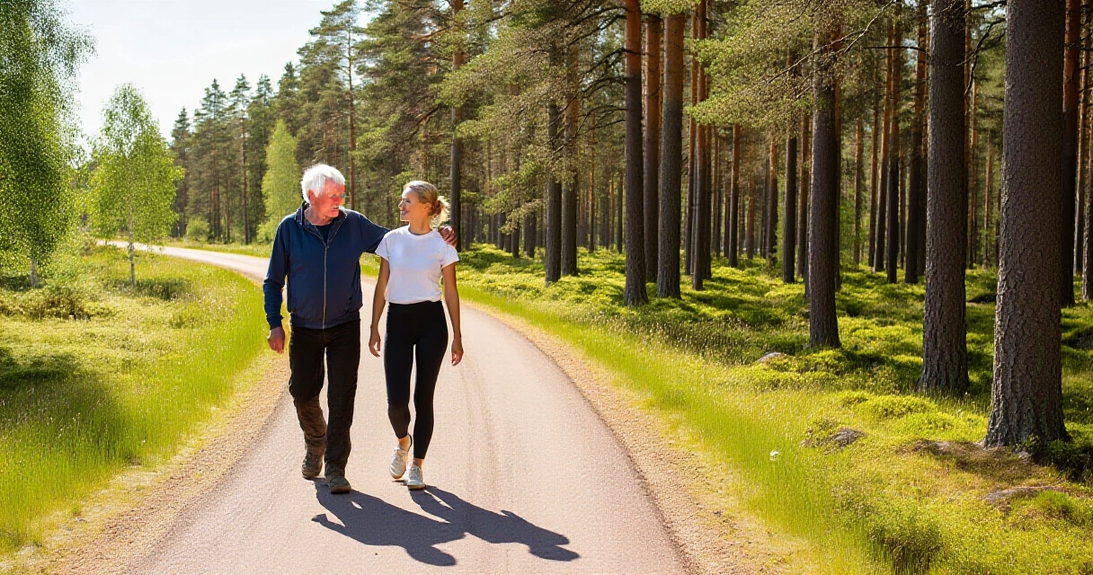 Iäkäs mies ja nuori nainen kävelevät aurinkoisella metsäpolulla Suomessa