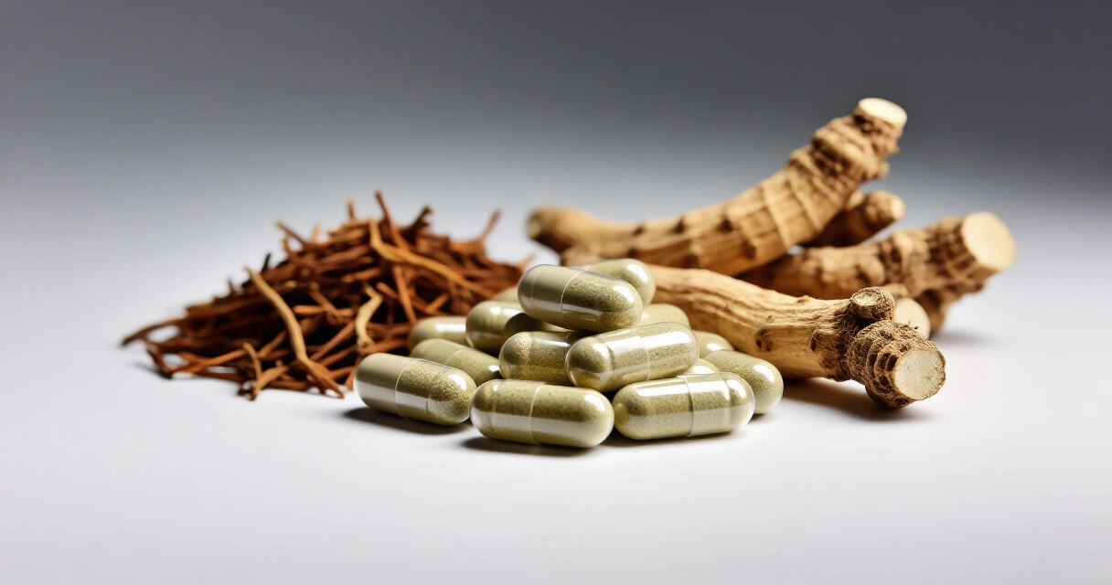 Ashwagandha- ja rhodiola-kasvit sekä lisäravinnekapselit pöydällä