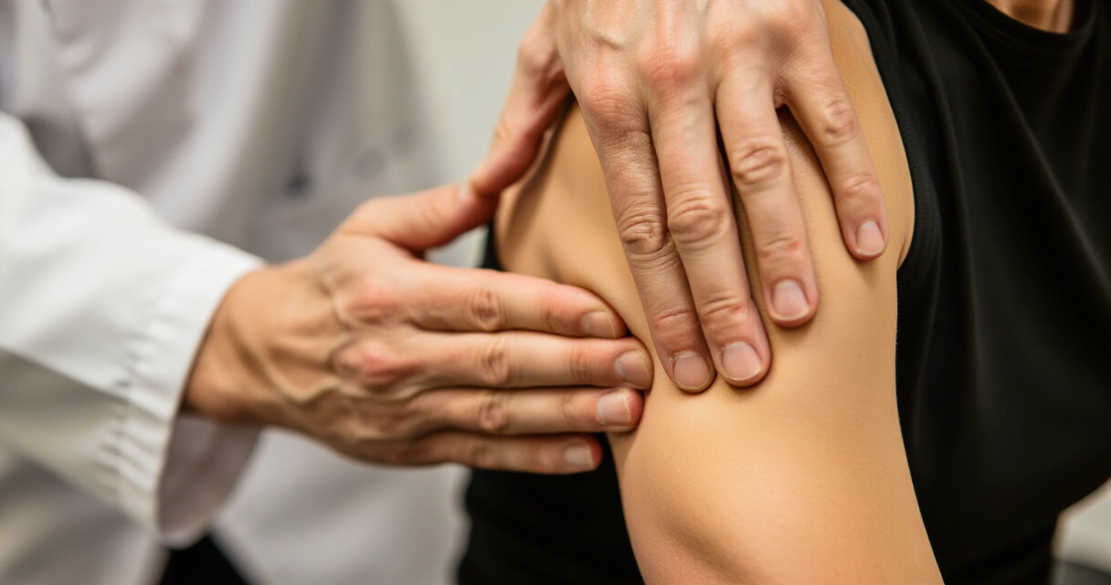Osteopaatin kädet tekemässä nivelen mobilisaatiota potilaan hartiarenkaalle