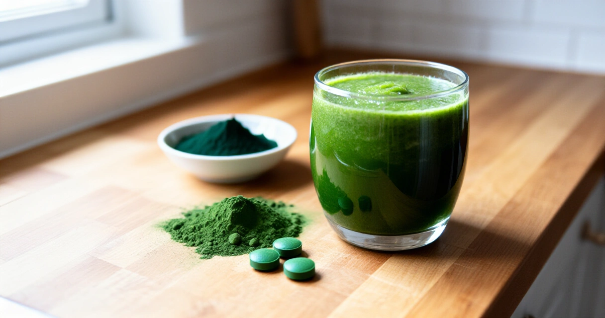 Vihreä smoothie spirulina-jauheella ja chlorella-tableteilla puisella keittiötasolla