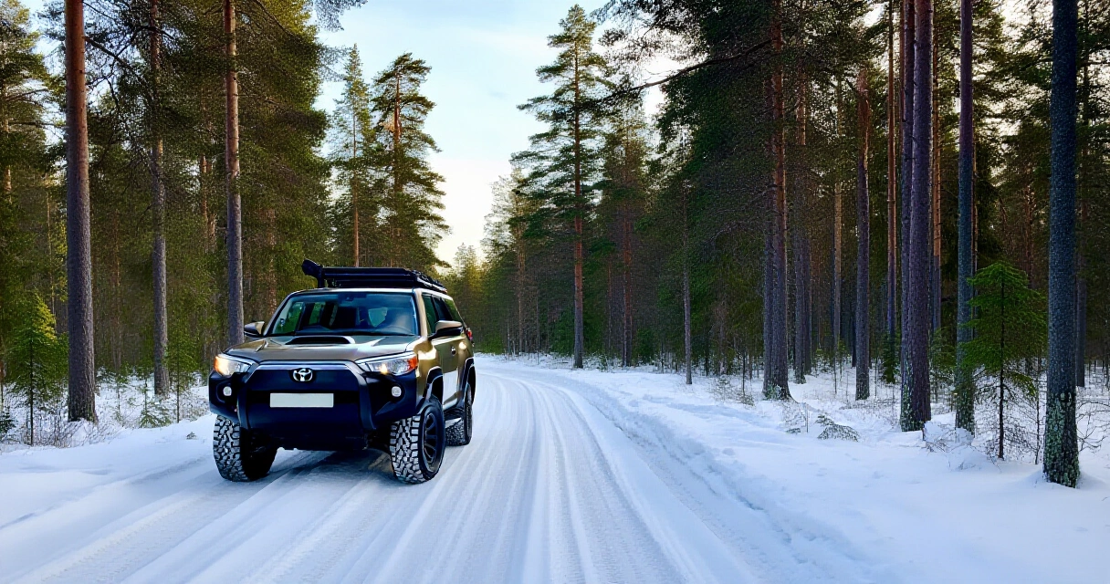 Toyota 4Runner talvisella metsätiellä Suomessa, luonnonvalo
