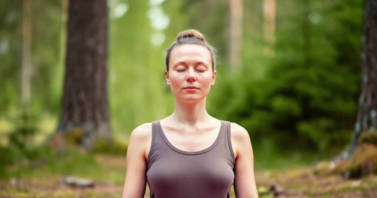 Henkilö harjoittaa mindfulness-meditaatiota suomalaisessa metsässä, rauhallinen tunnelma