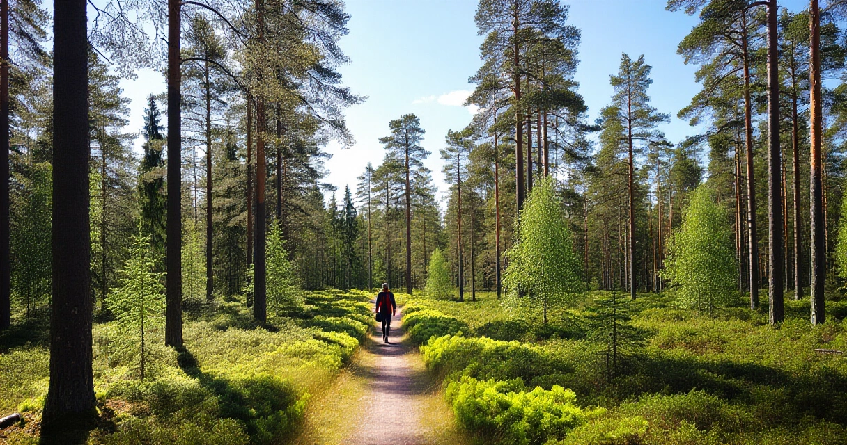 Henkilö kävelee suomalaisessa metsässä tukien elimistön luonnollista puhdistusta