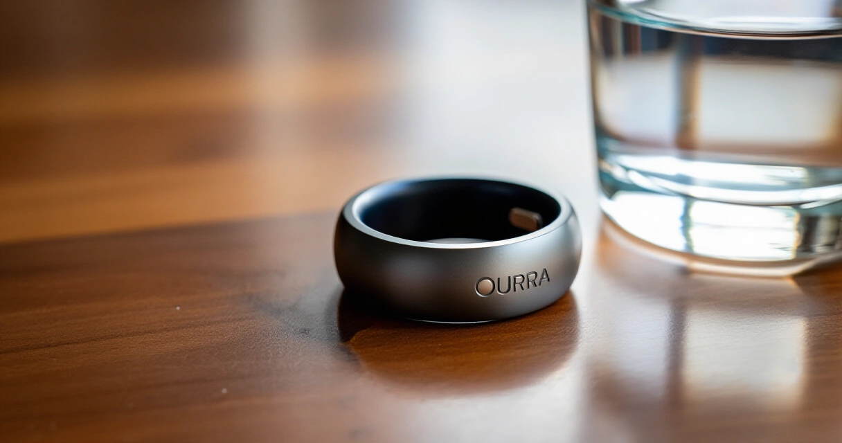 Oura Ring Gen3 titaaninen älysormus puupöydällä aamuvalon alla