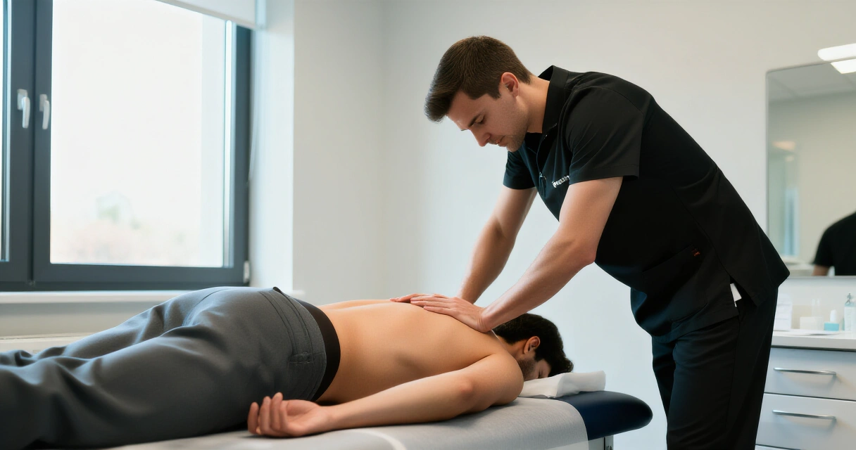 Osteopaatti tutkii potilaan selkää modernissa hoitohuoneessa