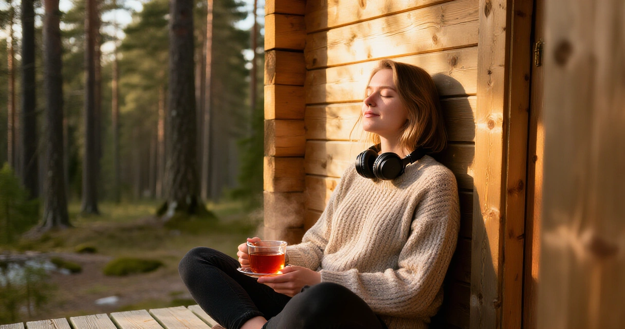 Nainen metsäsaunan kuistilla kuulokkeet kaulassa ja teemukin kanssa – musiikki ja hiljaisuus yhdistyvät arjessa