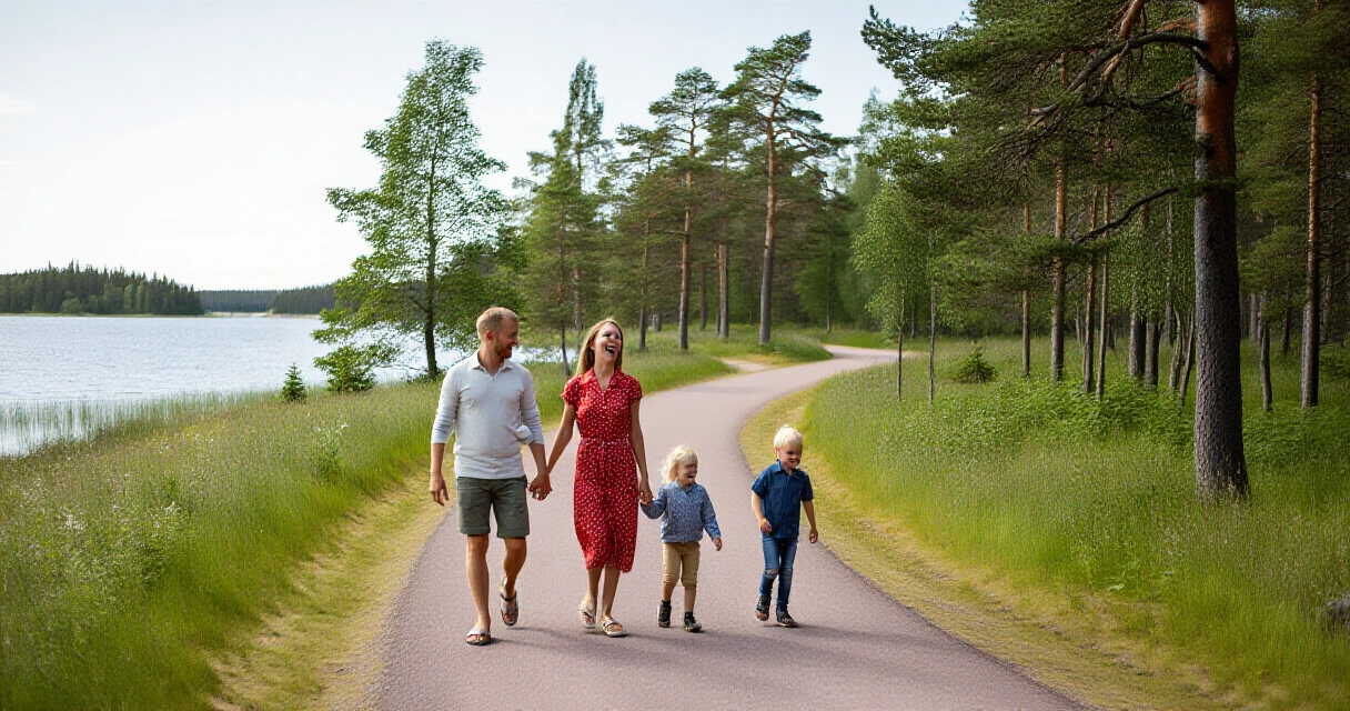 Perhe kävelee järvenrannan polulla Suomessa kesällä