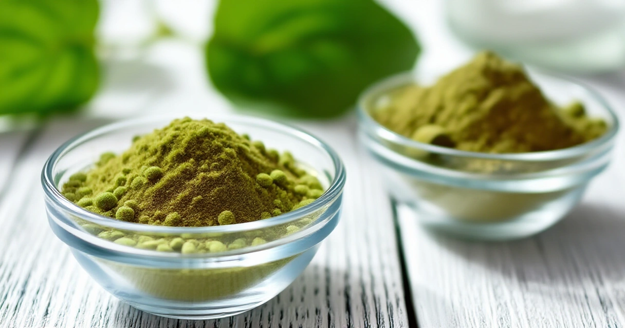 Puhdistamo detox-tuotteiden vihreitä jauheita lasimaljoissa valkoisella pöydällä