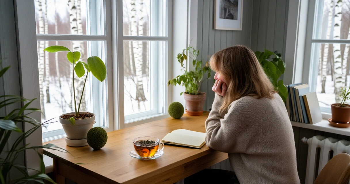 Suomalainen nainen lukee lifestyle-sisältöä valoisassa pohjoismaisessa kodissa