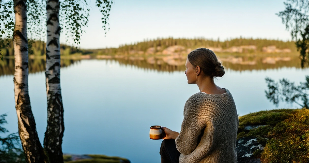 Suomalainen istuu järvenrannalla kesäaamuna nauttien luonnon rauhasta