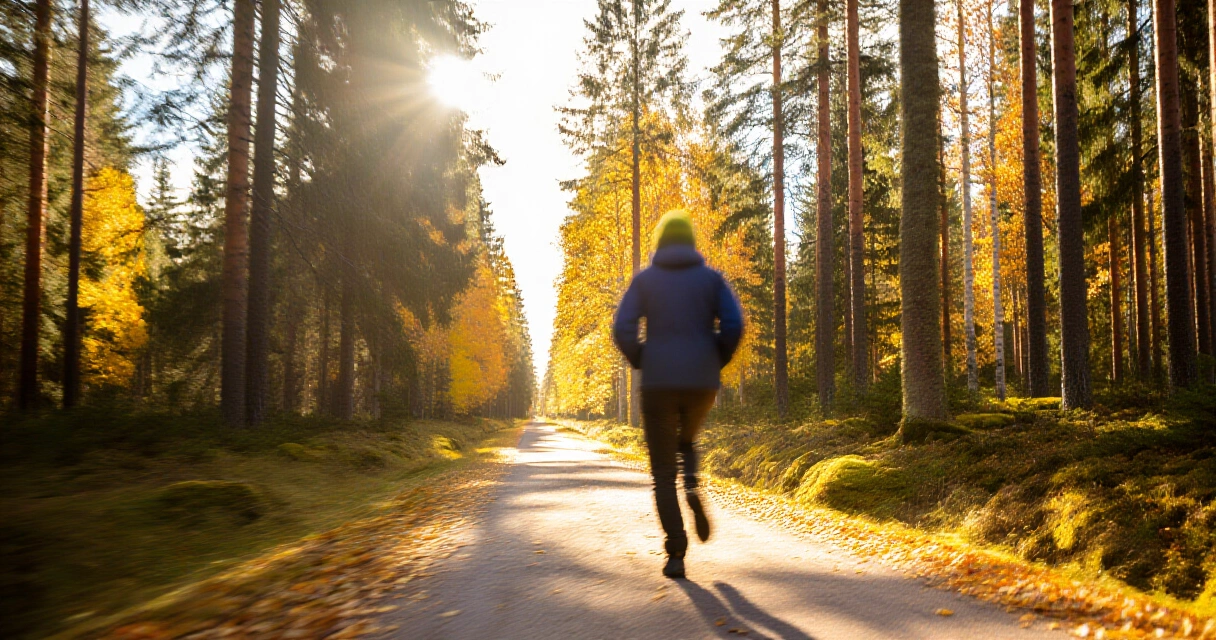 Ihminen kävelee reippaasti aurinkoisella metsäpolulla syksyllä