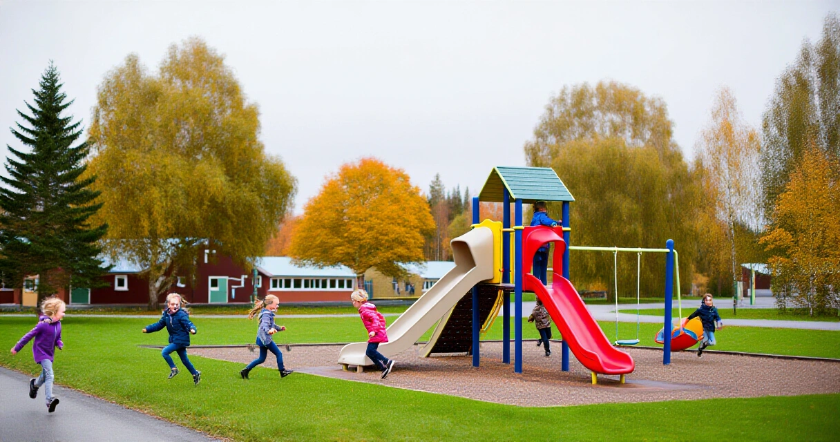 Lapset juoksevat ja leikkivät koulun pihalla syksyisessä maisemassa