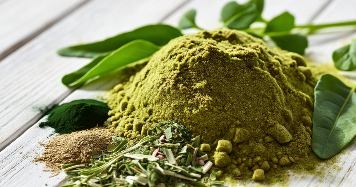 Nordic Superfood puhdistuskuurin vihreä jauhe ja kasviperäiset ainesosat