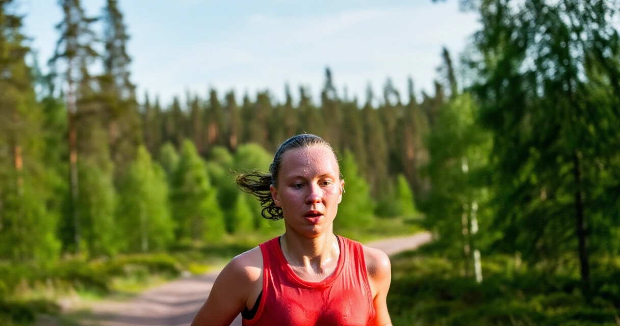 Henkilö juoksemassa metsäpolulla Suomessa ja hikoilemassa liikunnan aikana