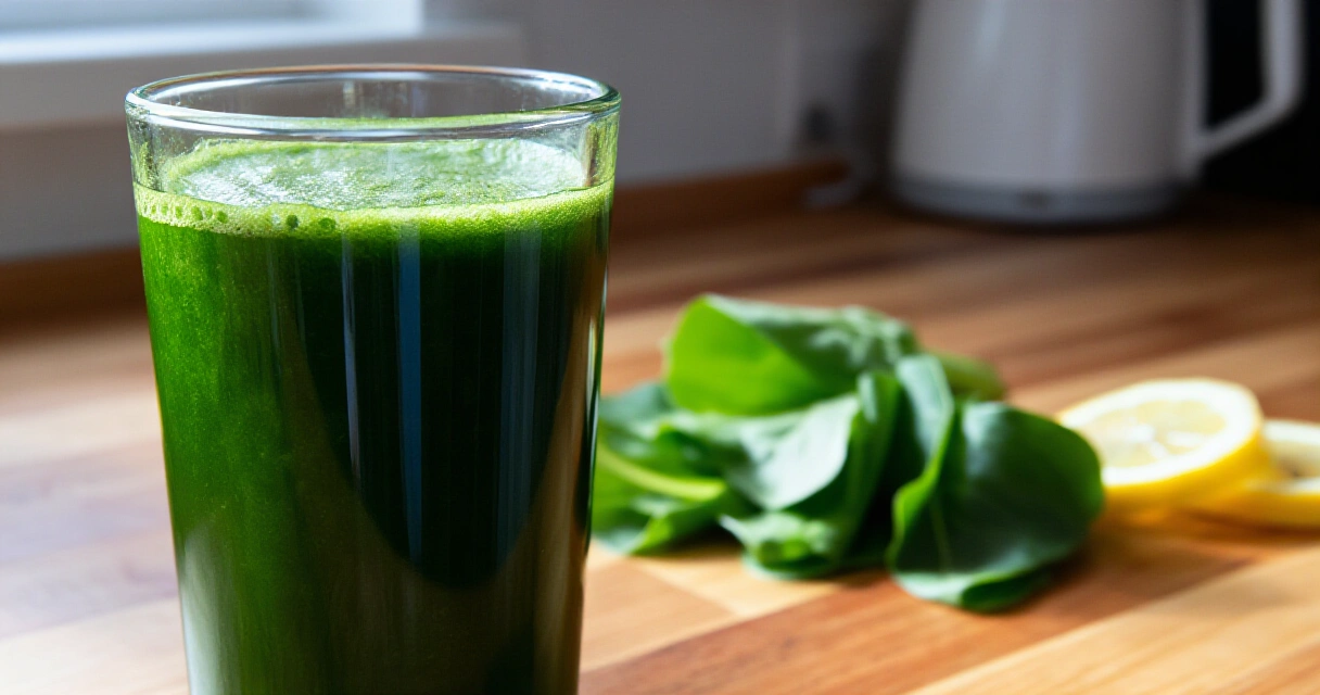 Vihreä mehukuuri lasissa puisella pöydällä, detox-dieetti