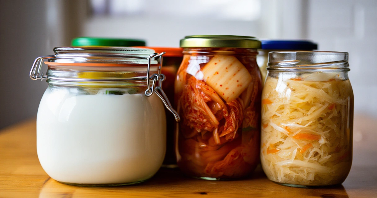 Fermentoituja ruokia lasipurkeissa, jogtirtti, kimchi ja hapankaali tukevat suoliston mikrobiomia
