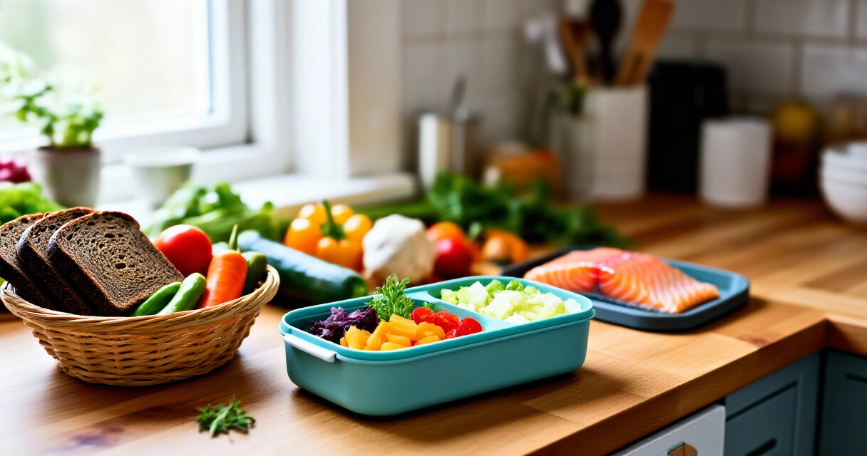 Terveellinen pohjoismainen ateriasuunnittelu: kasviksia, ruisleipää ja lohta keittiönpöydällä
