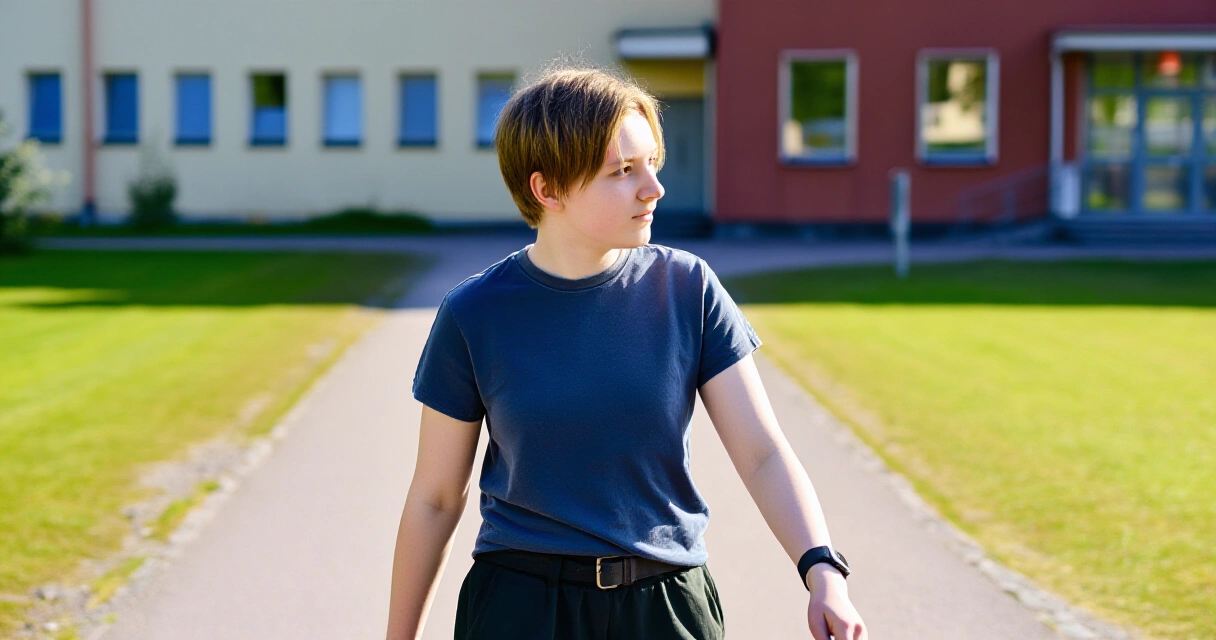 Nuori henkilö kävelytauolla koulun pihalla luonnollisessa valossa