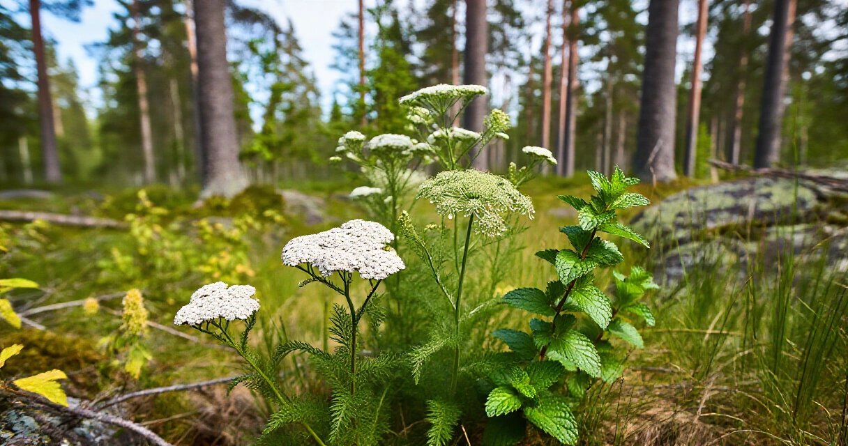 Suomalaisia luonnonyrttejä metsäaukiolla, muun muassa siankärsämö ja väinönputki