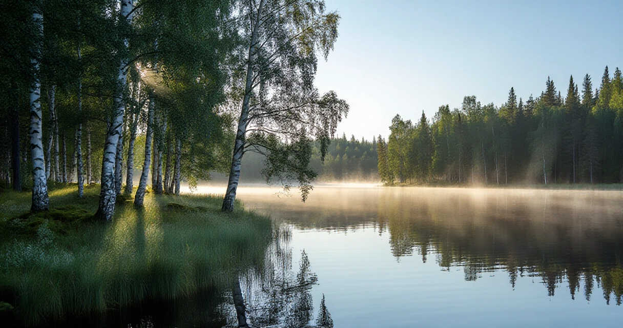 Tyyni suomalainen järvimaisema aamunkoitteessa – luonnon hyvinvointia