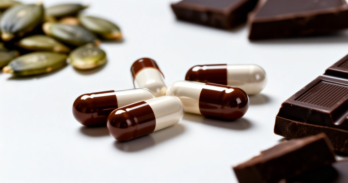 Life Extension magnesium-kapselit ja magnesiumpitoiset ruoka-aineet valkoisella alustalla