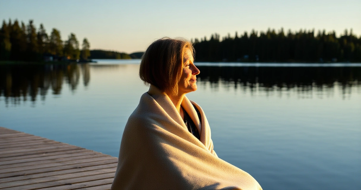 Nainen istuu rauhallisesti laiturilla auringonlaskun aikaan järvimaisemassa