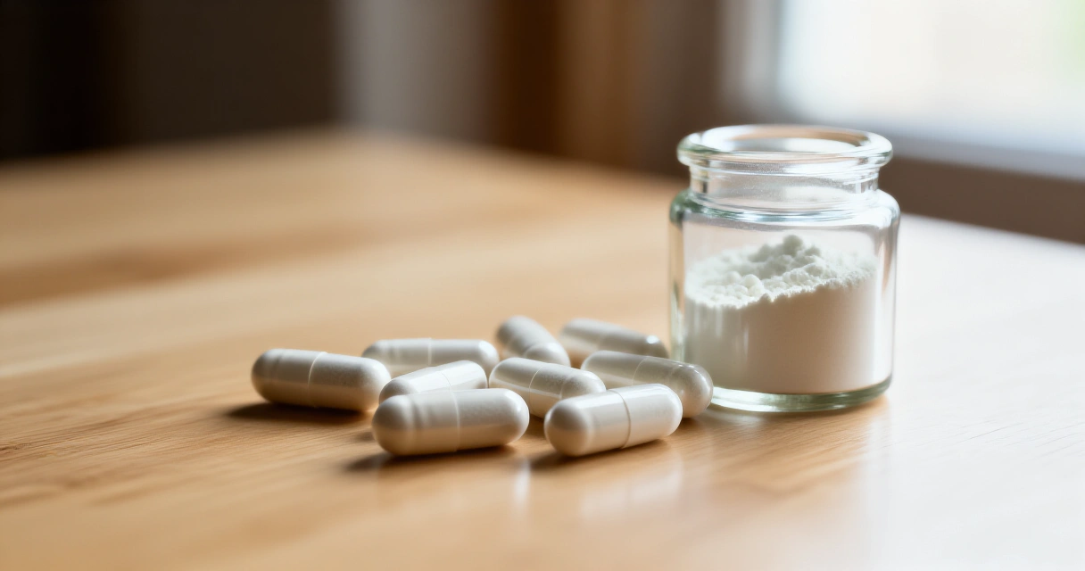 Puhdistamo magnesium kapselit ja jauhe puisella pinnalla