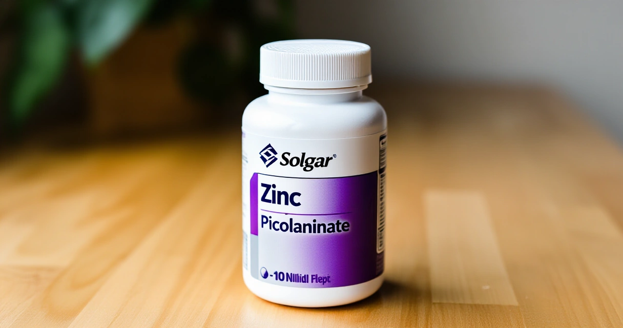 Solgar Zinc Picolinate -sinkkivalmiste puupinnalla luonnonvalossa