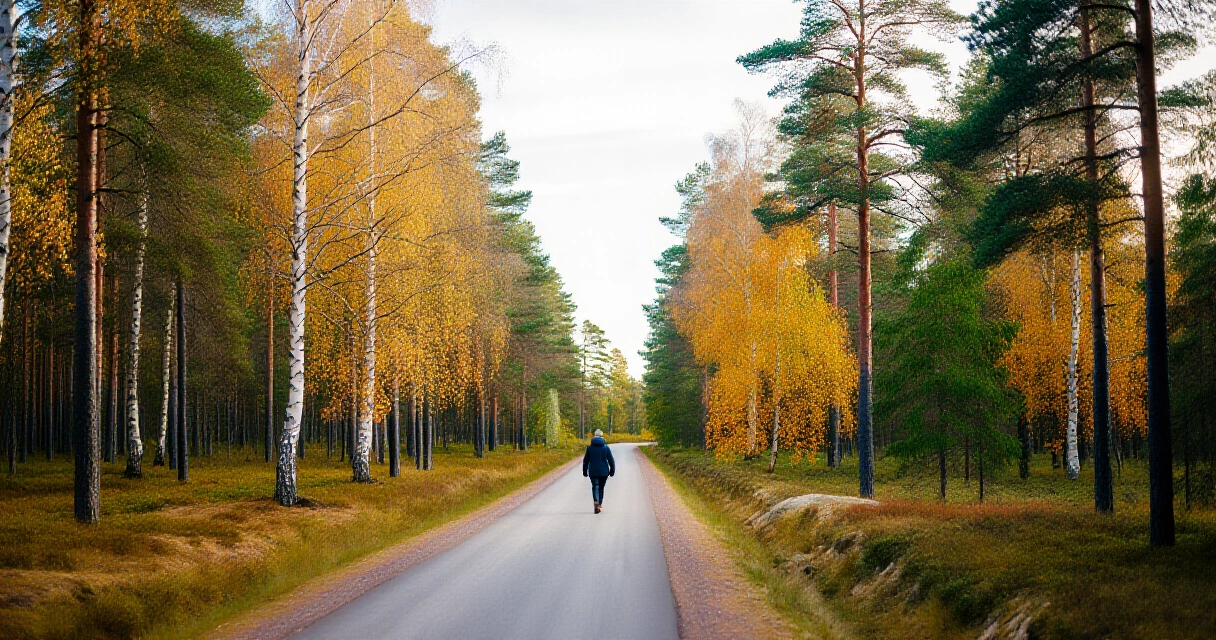 Henkilö kävelee rauhallisella metsäpolulla syksyisessä suomalaisessa metsässä